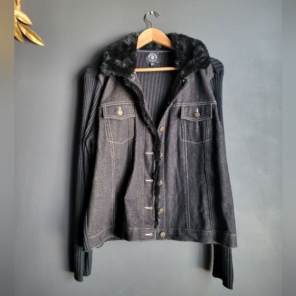 Carolyn Taylor Trucker Denim Jean Faux Fur Trim Mixed Media Cotton Women Size XL - Picture 1 of 9